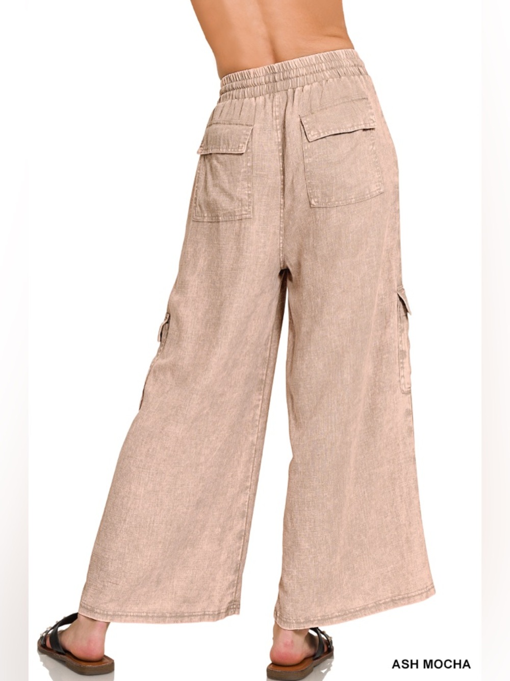 “ Zuma Beach “ Wide Leg Linen Cargo Pants | Ash Mocha / Blue - Picture 8 of 8